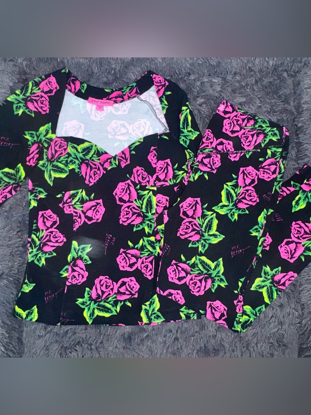 Betsey Johnson Black/Pink Floral Long Sleeve Top and Pants Set